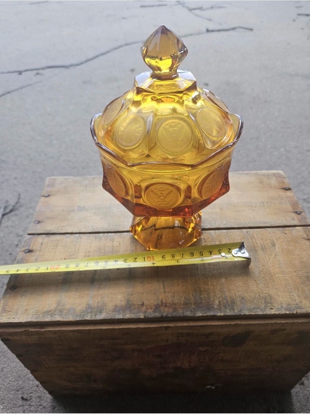 Vintage Josorita Amber Coin Glass Covered Wedding Bowl Candy Dish w/ lid
